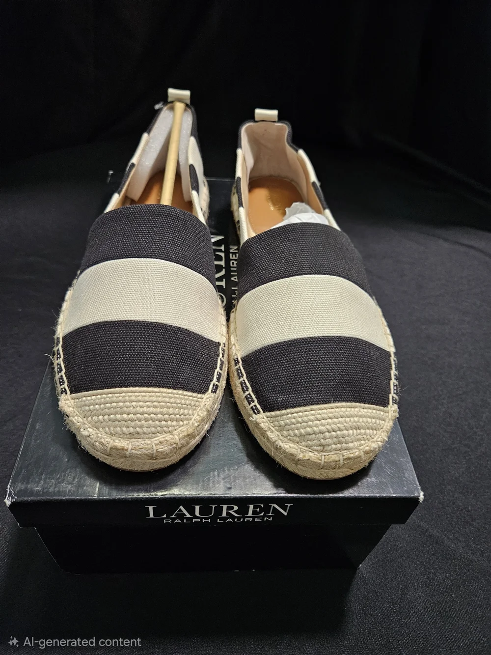 Lauren Ralph Lauren Black and Cream Striped Canvas Espadrilles